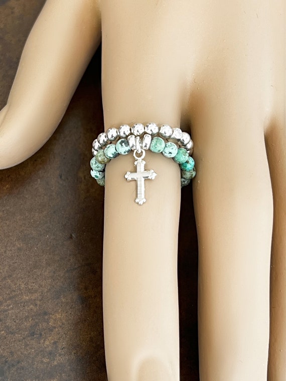African Turquoise & Silver Cross Stretch Ring, Sterling Silver Beads, Layered Rings Set, Finger Rings, #1266/#1241