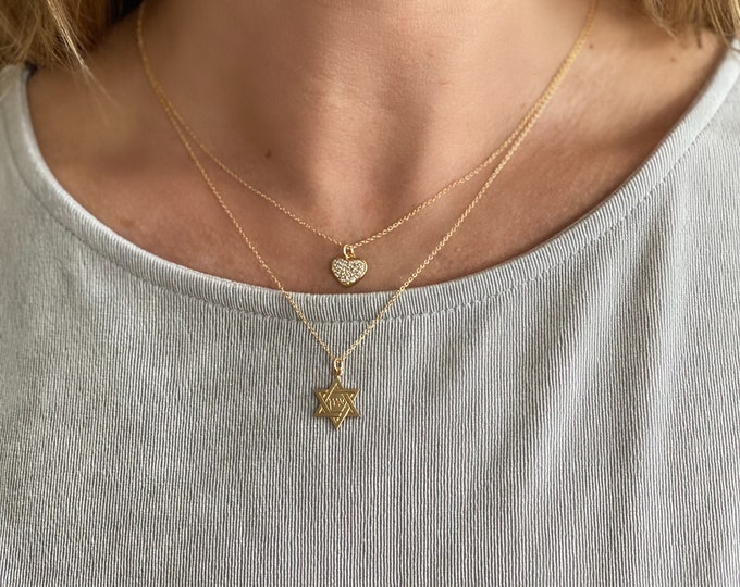 Star of David Layered Necklace Set, Zircon Paved Heart, Large Star of David Charm, 14k Gold Filled Necklaces, #1172/#1399/#1400