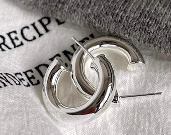 Selena Silver Chunky Hoops, Selena Inspired Thick Metal Hoop, Huggie Hoops, Silver or Gold, Sterling Silver Pins, Celebrity Inspired, #1578