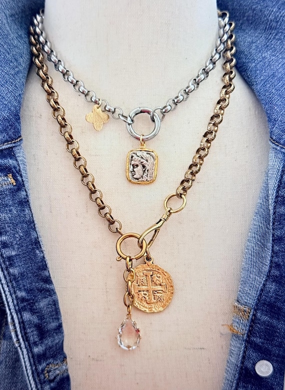 Mixed Metal Layered Necklace Set, Roman Coin Charm Necklace, Stainless Steel & Solid Brass Chains, Quatrefoil Charm, #2064/#2065