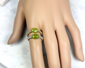 14k Gold Peridot Ring, Beaded Stretch Ring, Sterling Silver Peridot Boho Ring, August Birthstone, Birthday Jewelry, Unisex Gift #1867