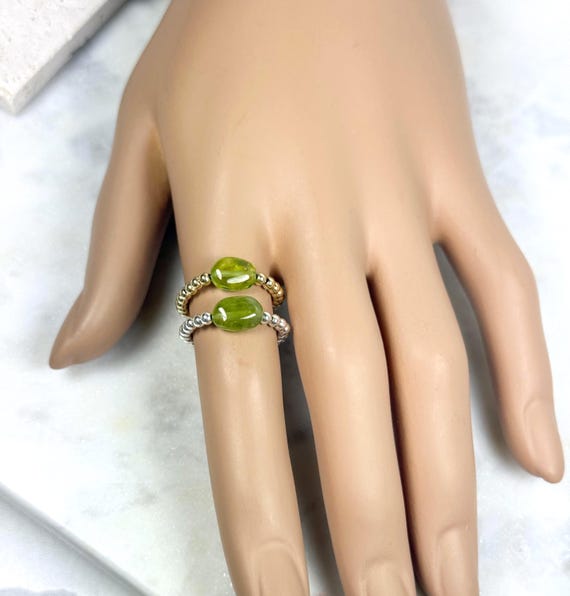 14k Gold Filled Peridot Ring: Sterling Silver Beaded Stretch Ring