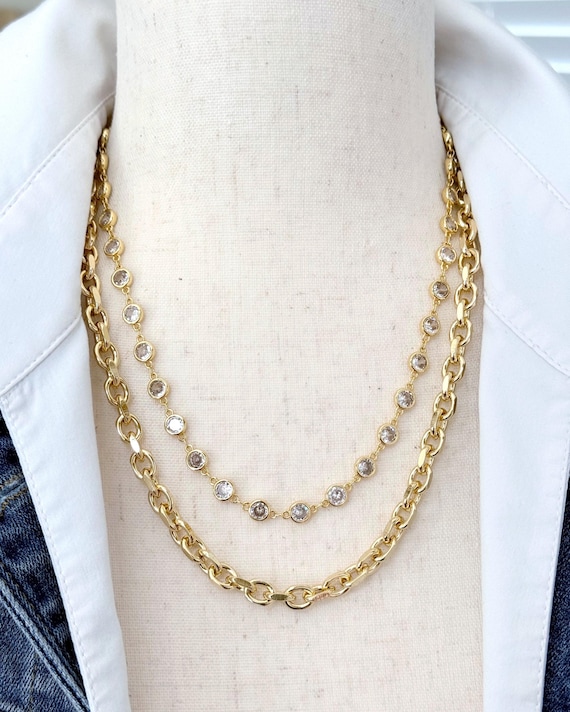 Double Strand Gold Chunky Necklace, Zircon Crystal Chain, Textured Oval Link Chain, Large CZ Charm Holder Clasp, Layered Necklace, #2091
