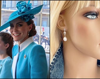 Kate Middleton Water Pearl Drop Earrings, Genuine AA Water Pearls, Channel Set Baguette Zircons with Paved Zircons,  #1698