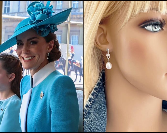 Kate Middleton Water Pearl Drop Earrings, Genuine AA Water Pearls, Channel Set Baguette Zircons with Paved Zircons,  #1698