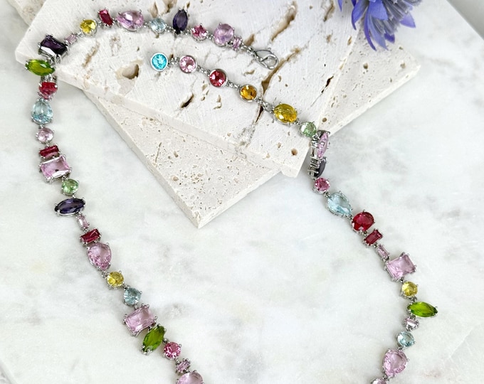 Colorful Crystal Multi Shape Silver Necklace with Extender, Faceted Crystals, Art Deco Sparkling Choker, #1863