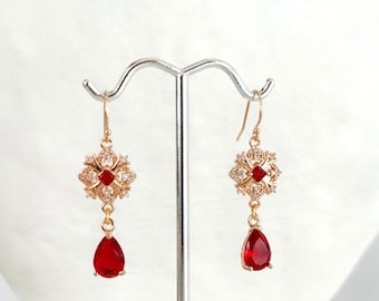 Art Deco Ruby Red Teardrop Earrings, 14k Gold Filled Ear Wires, Vintage Inspired Gold Dangle Earrings, #2031