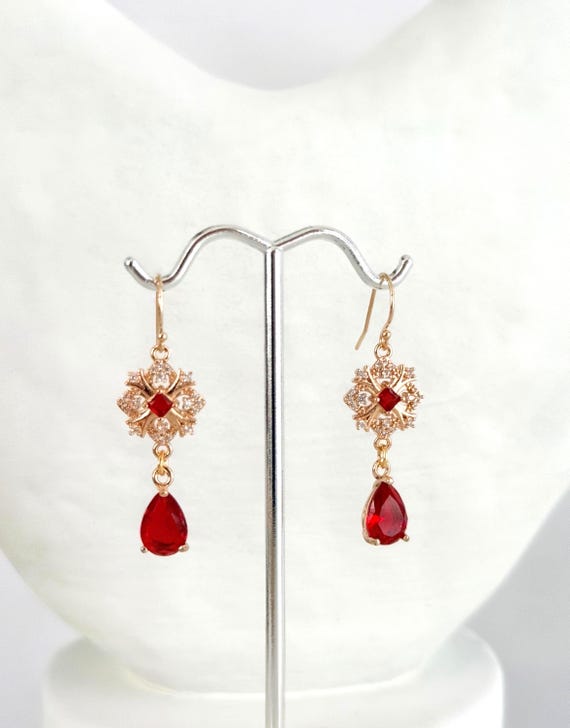 Art Deco Ruby Red Teardrop Earrings, 14k Gold Filled Ear Wires, Vintage Inspired Gold Dangle Earrings, #1966