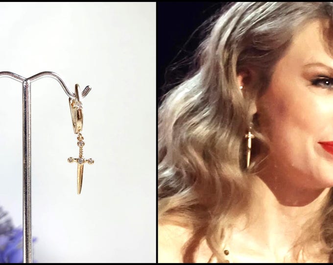 Gold Zircon Sword Hoop Earrings, Zircon Click Hoops, Taylor Inspired Rock Star Jewelry, Gold Tiny Daggers #1507