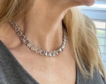 Faceted Clear Crystal Choker Necklace, Mini Rectangle Clear or Ruby Rose Faceted Bezels, Taylor Inspired Sparkling Jewels, #1630