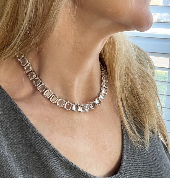 Faceted Clear Crystal Choker Necklace, Mini Rectangle Clear or Ruby Rose Faceted Bezels, Taylor Inspired Sparkling Jewels, #1630