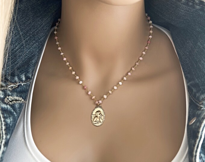 Saint Raphael Angel Pink Opal Rosary Necklace, Saint Medallion Gemstone Rosary Chain, Opal Gemstone Choice, Oval Coin, Heal the Earth, #1083