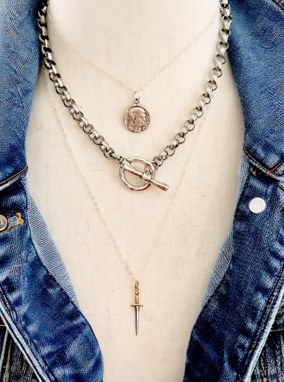 Sterling Silver Roman Coin Necklace Set, Emperor Titus Replica Coin & Dagger Sword Layered Set, Ancient Roman Inspired jewelry, #2034