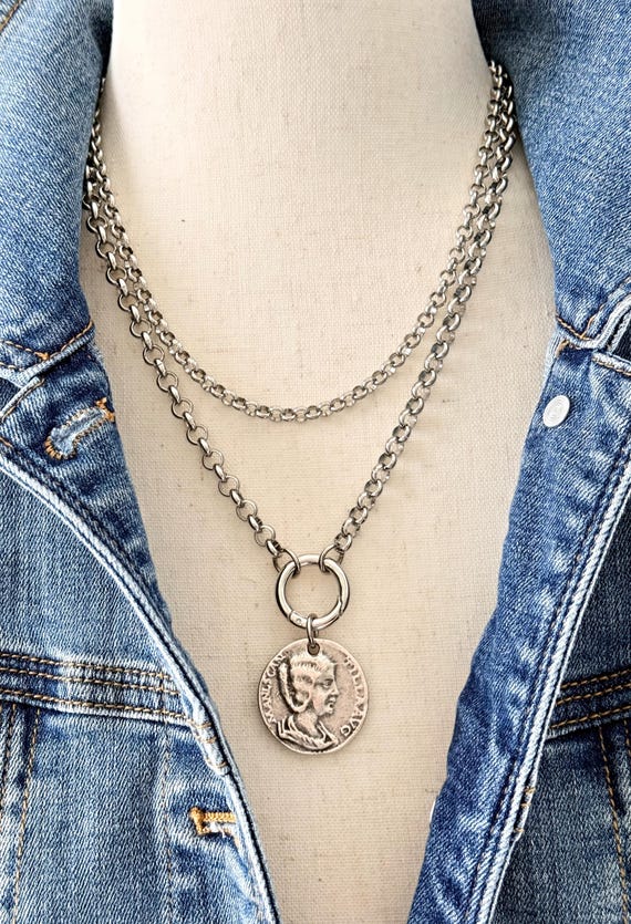 Julia Domna Coin Necklace Set, Stainless Steel Layered Necklace, Adjustable Lariat Necklace, Roman Empress Jewelry, Royal Replica #2052