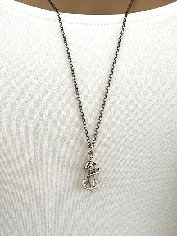 Men's Sterling Silver Snake & Dagger Necklace, Solid Detailed Dagger Charm, Sterling Silver Diamond Cut Ruthenium Plated Chain, #1365