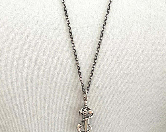 Men's Sterling Silver Snake & Dagger Necklace, Solid Detailed Dagger Charm, Sterling Silver Diamond Cut Ruthenium Plated Chain, #1365
