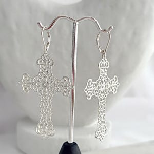 Filigree Cross Earrings: 14k Gold Filled, Sterling Silver Earwires or Leverbacks, Lightweight 2" Crosses, #753/#943/#1588 Silver Leverbacks