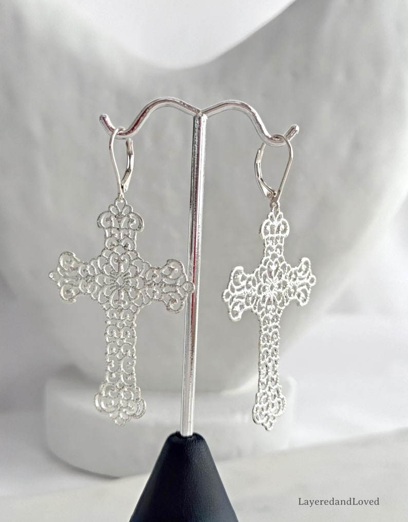 Filigree Cross Earrings: 14k Gold Filled, Sterling Silver Earwires or Leverbacks, Lightweight 2" Crosses, #753/#943/#1588 Silver Leverbacks
