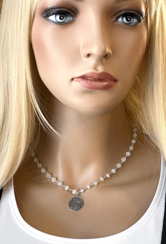 Sterling Silver Saint Michael Rosary Necklace ~ Saint Michael Protection Medallion on Rainbow Moonstone Gemstone Rosary, Air/Sea #1213