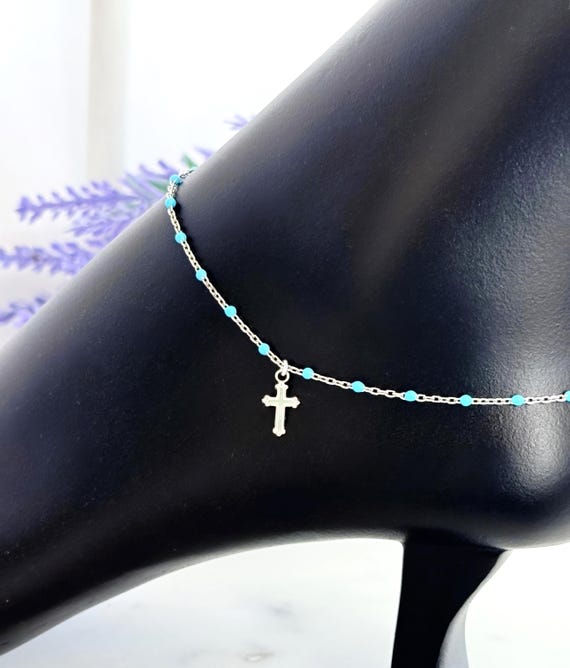 Sterling Silver Cross Anklet Turquoise Drip Bead Anklet, Dainty Faith Jewelry Petite Cross Charm Saturn Chain, Minimalist Summer Anklet 1778