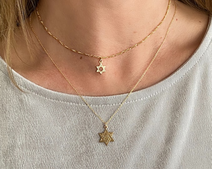 Gold Star of David Necklace Set, 14k Gold Filled Fine & Figaro Chains, Small and/or Large Star of David Charm Necklaces, #1173/#1398/#1399