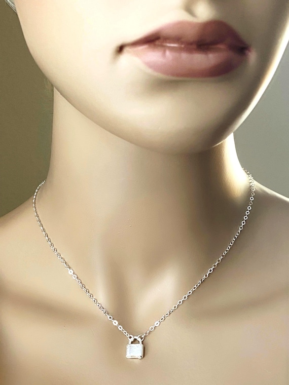 Sterling Silver Padlock Necklace: Tiny Lock Choker, Opens and Closes