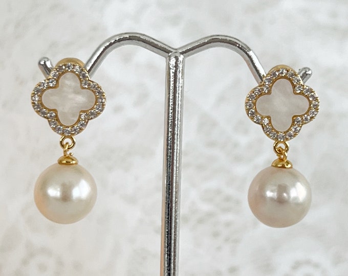 Kate Inspired Clover Pearl Earrings, Sparkle Zircon Rimmed MOP Clovers, Gorgeous Round Edison Pearls, Royal Princess Earrings #1644