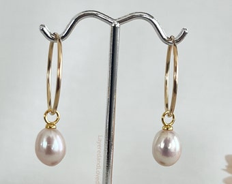 14k Gold Filled Hoops with Freshwater Pearls, Gold Endless Hoops, Wedding Earrings, Fancy Up or Denim Down Pearl Hoops, #1717