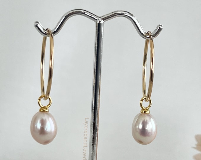 Large 14k Gold Filled Hoops with Genuine White Pearl Drops, Gold Endless Hoops, Wedding Earrings, Fancy Up or Denim Down Pearl Hoops, #1717