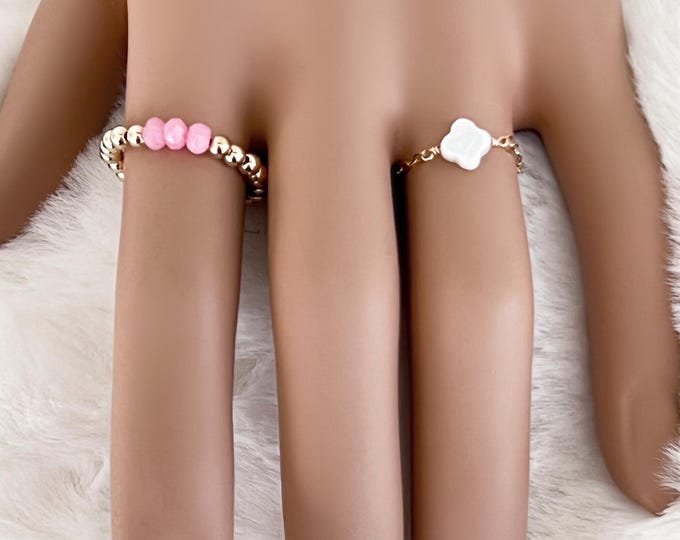 14k Gold Filled Beaded Stretch Ring with Candy Pink Chalcedony Rondelle Beads, Layered Rings, Stretch Beaded Jewelry, Boho Ring #1766