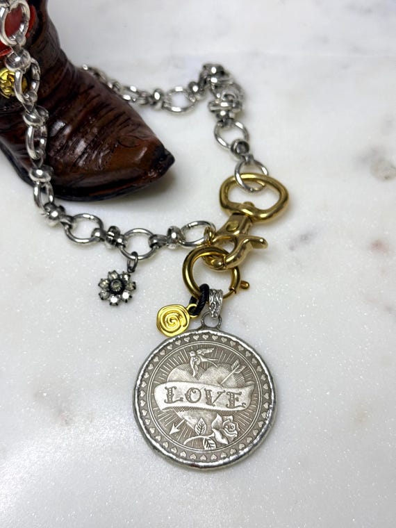 Mixed Metal LOVE Coin Necklace, Charm Holder Necklace, Antique Silver & Gold Statement Jewelry, Vintage Inspired Layering Necklace, #2087