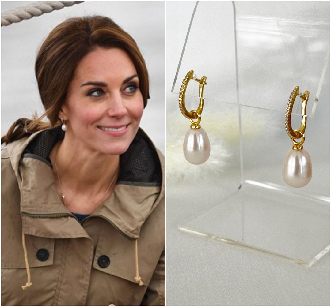Kate Middleton Genuine Drop Pearl Gold Zircon Hoop Earrings, Gorgeous ...