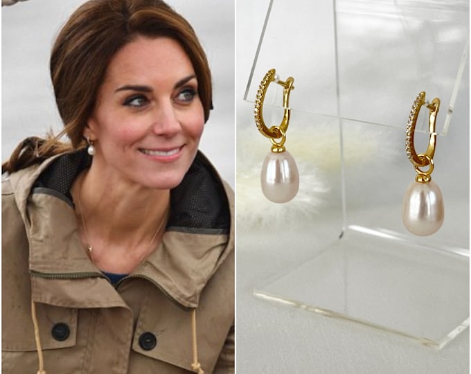 Kate Middleton Genuine Drop Pearl Gold Zircon Hoop Earrings, Gorgeous Lustrous Pearls, Sterling Silver Base Hoops, Royal Style #1543