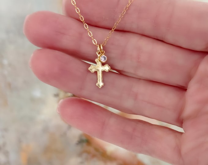 Personalized Birthstone & Coptic Cross Necklace, 14k Gold Filled or Sterling Silver, Mother's Necklace, Baptism Gift, Gift for Her #1926