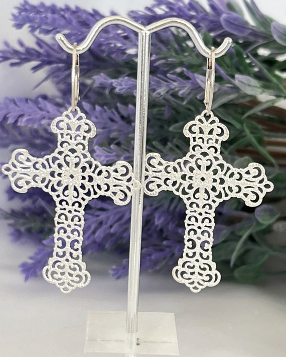 Large Silver Filigree Cross Earrings now on Sterling Silver Hoop Leverbacks, Big and Beautiful Light Weight Cross Earrings, #1588