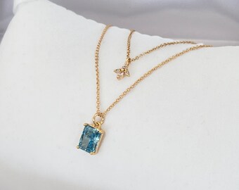 Gold Princess Cut Sparkling Ice Set, 14k Gold Filled 2 Piece Petite Petal and Sparkling Ice Aqua Charm Necklaces, Choice Ice Charm #1668
