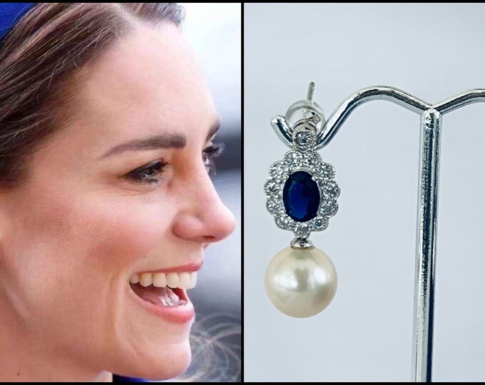 Princess Kate Inspired Zircon Sapphire Real Pearl Drop Earrings, High Quality Sterling Silver Post Earrings, Royal Replica #1543