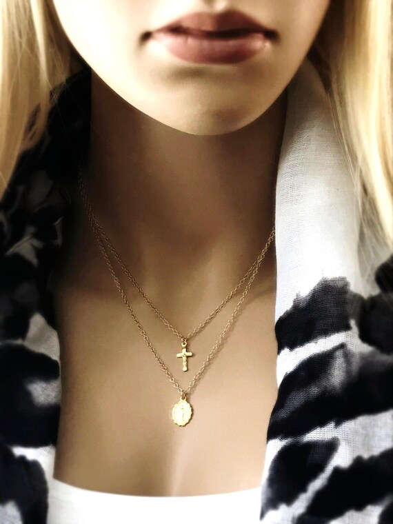 Gold Mother Mary Cross Necklace Set: 14k Gold Filled Cable Chains, Separate Necklaces, Mother Mary & Crucifix Cross, #655
