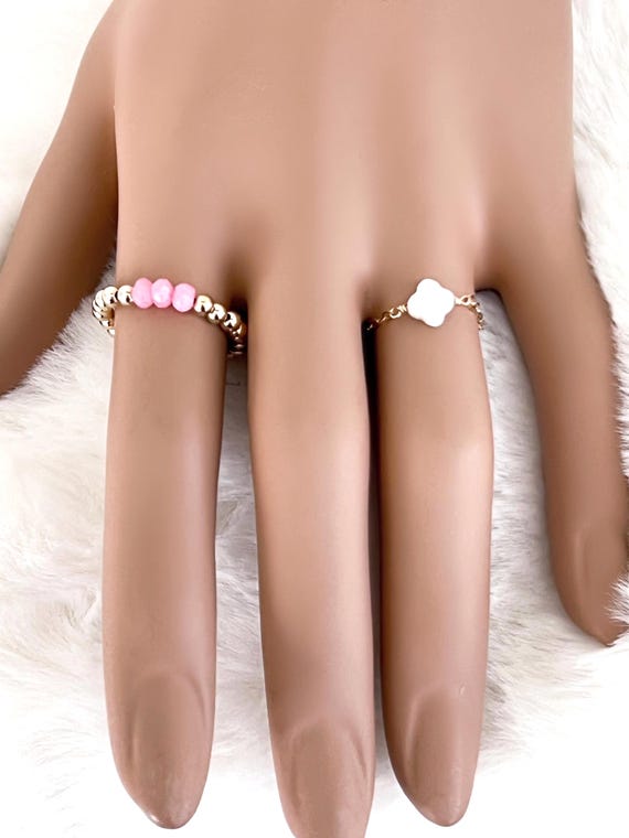 Pink Chalcedony 14k Gold Filled Beaded Stretch Ring, Layered Rings, Stretch Boho Ring #1766