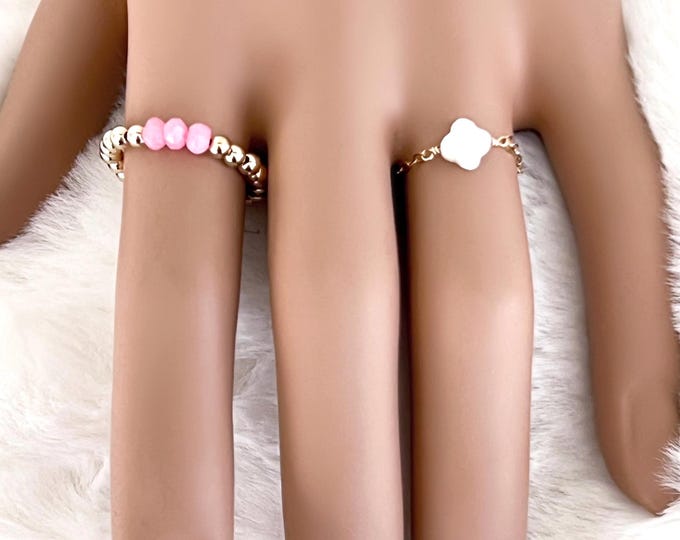 14k Gold Filled Beaded Stretch Ring with Candy Pink Chalcedony Rondelle Beads, Layered Rings, Stretch Beaded Jewelry, Boho Ring #1766