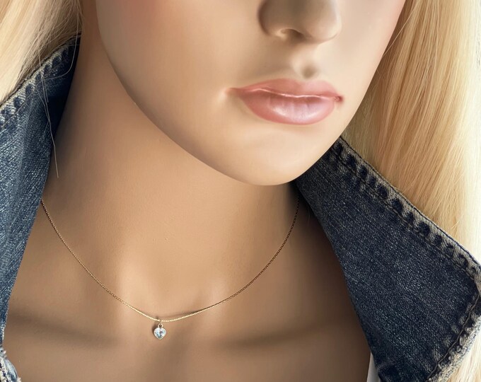 14k Solid Gold Sky Blue Topaz Heart Charm Necklace, Dainty Small Peridot or Topaz Gemstone Necklace, Sparkling Faceted Gemstone Hearts #1756
