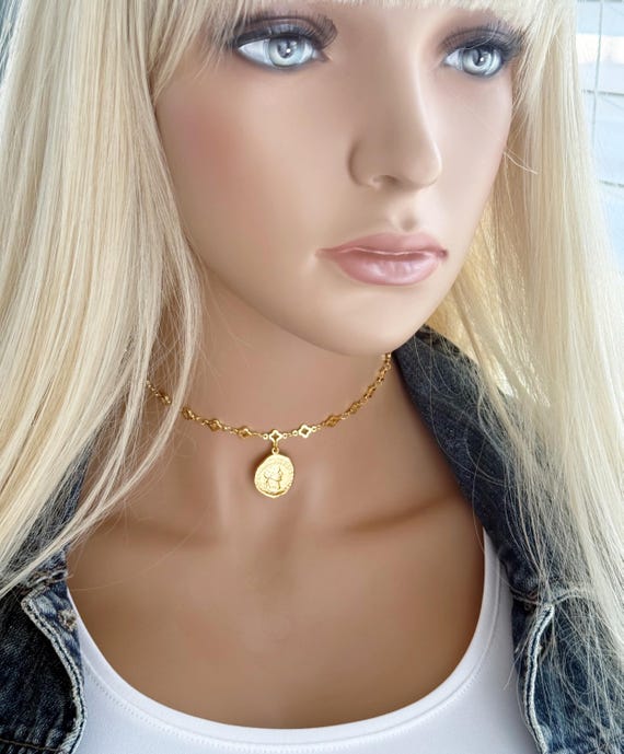 Gold Clover Chain Necklace: Ancient Greek Coin Charm, #1821