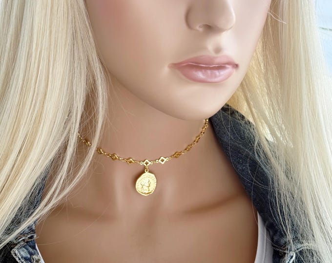 Gold Clover Greek Coin Choker, Gold Rhombus Chain, Ancient Roman Vermeil Coin Charm, Custom Short or Long Chain, #1868