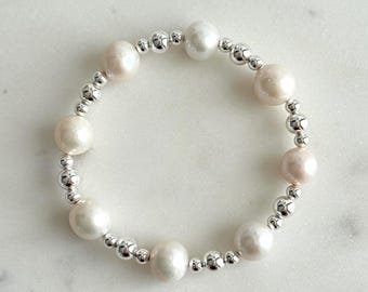 Ocean Dreams Edison Pearl Bracelet, Large Sterling Silver Beads, 10mm Pearls Stretch Bracelet, Gift for her, Beach Vacay Jewelry, #1886