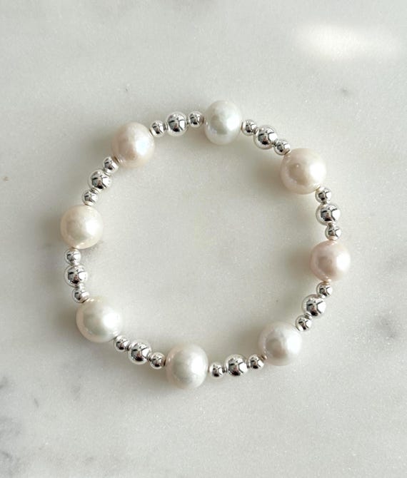 Edison Pearl Bracelet: Sterling Silver Beads, Elegant Stretch Jewelry, Ocean Dreams 10mm Pearls, #1886