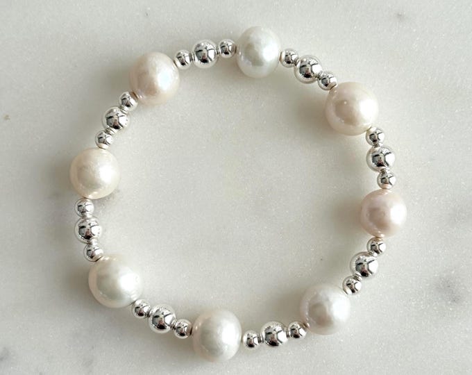 Ocean Dreams Edison Pearl Bracelet, Large Sterling Silver Beads, 10mm Pearls Stretch Bracelet, Gift for her, Beach Vacay Jewelry, #1886