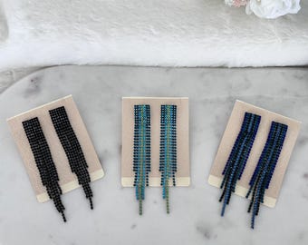Long Rhinestone Fringe Tassel Earrings, All Black or Ombre Light Blue Fringe, Glamour Tassel Earrings, Rhinestone Earrings, #847