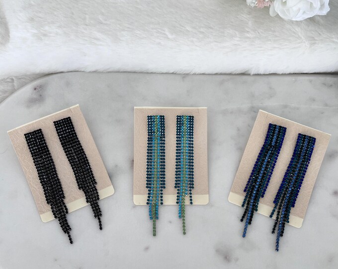 Long Rhinestone Fringe Tassel Earrings, All Black or Ombre Light Blue Fringe, Glamour Tassel Earrings, Rhinestone Earrings, #847