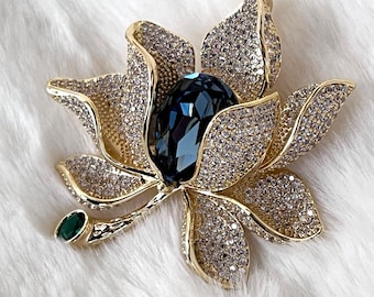 Angelina Jolie Inspired Floral Zircon Brooch, Gold Lotus Flower with Faceted London Blue Center Crystal, Small Emerald Green Stem CZ #1762
