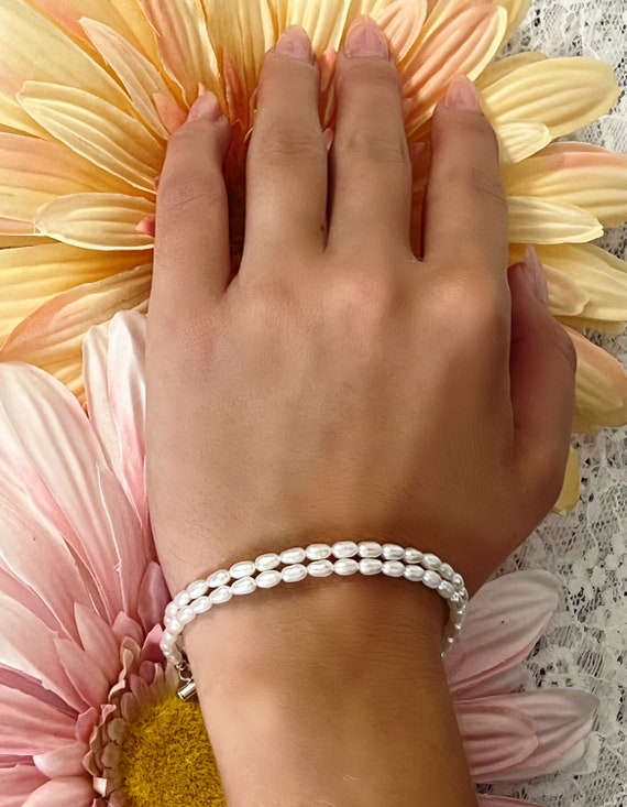Double Strand Freshwater Rice Pearl Bracelet, Sterling Silver Pearl Bracelet, Dainty White Pearl Bracelet with Faceted Disco Bead Ext, #1525